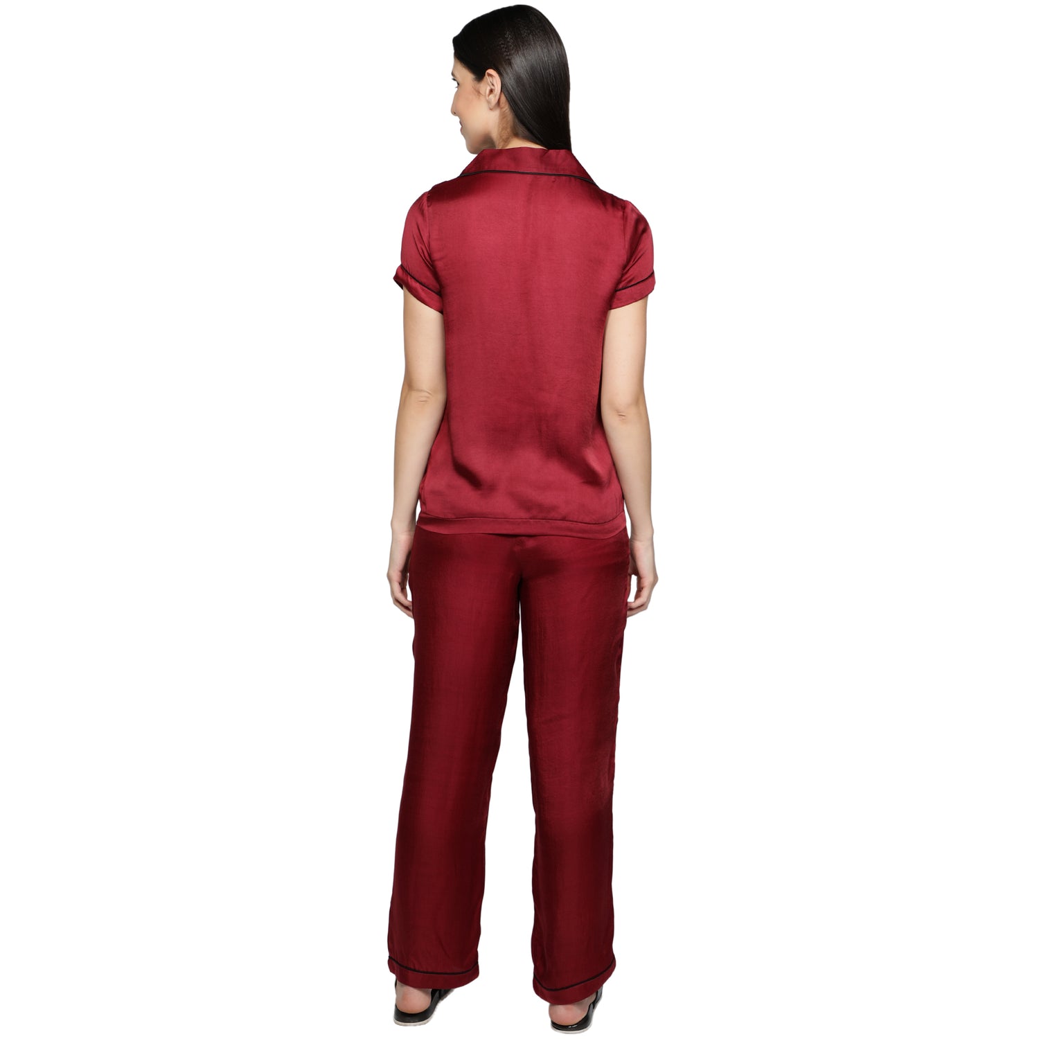 SLAY. Women's Cherry Red color Half Sleeve Button Up Shirt & Pyjama Coord Set with matching Eye mask & Ruffle-clothing-to-slay.myshopify.com-Nightwear Dress