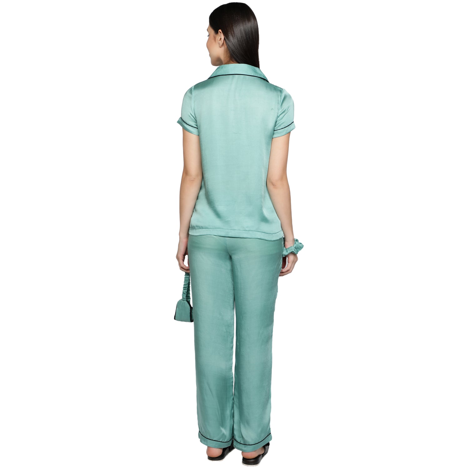 SLAY. Women's Mint color Half Sleeve Button Up Shirt & Pyjama Coord Set with matching Eye mask & Ruffle-clothing-to-slay.myshopify.com-Nightwear Dress