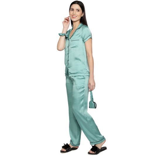 SLAY. Women's Mint color Half Sleeve Button Up Shirt & Pyjama Coord Set-clothing-to-slay.myshopify.com-Nightwear Dress