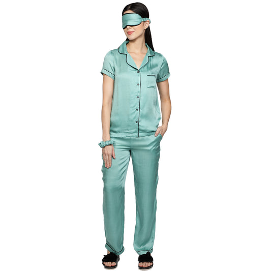 SLAY. Women's Mint color Half Sleeve Button Up Shirt & Pyjama Coord Set with matching Eye mask & Ruffle-clothing-to-slay.myshopify.com-Nightwear Dress