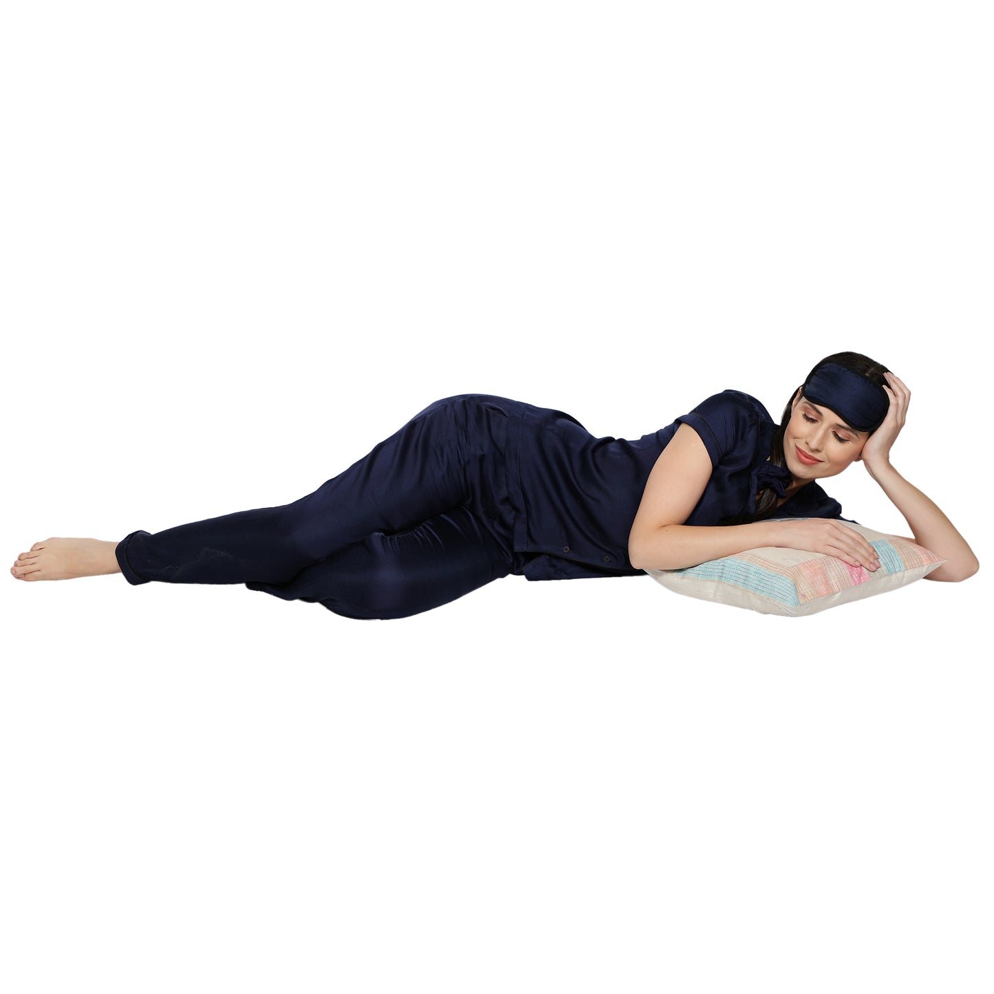 SLAY. Women's Night Blue color Half Sleeve Button Up Shirt & Pajama Coord Set with matching Eye mask & Ruffle-clothing-to-slay.myshopify.com-Nightwear Dress