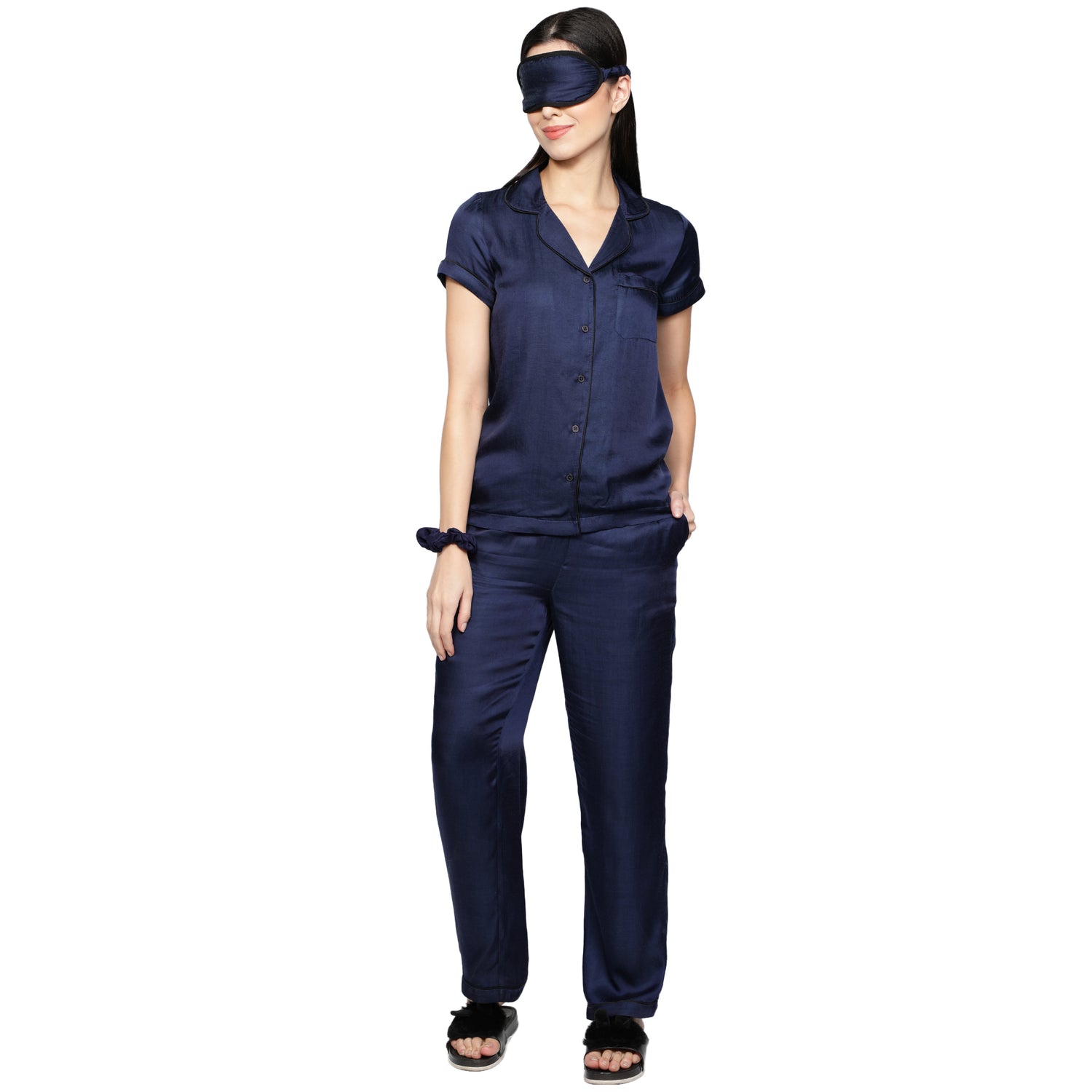 SLAY. Women's Night Blue color Half Sleeve Button Up Shirt & Pajama Coord Set with matching Eye mask & Ruffle-clothing-to-slay.myshopify.com-Nightwear Dress