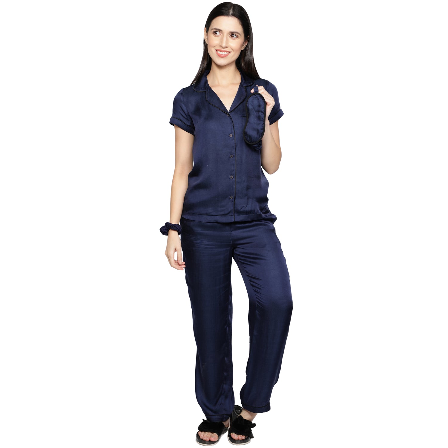 SLAY. Women's Night Blue color Half Sleeve Button Up Shirt & Pajama Coord Set-clothing-to-slay.myshopify.com-Nightwear Dress