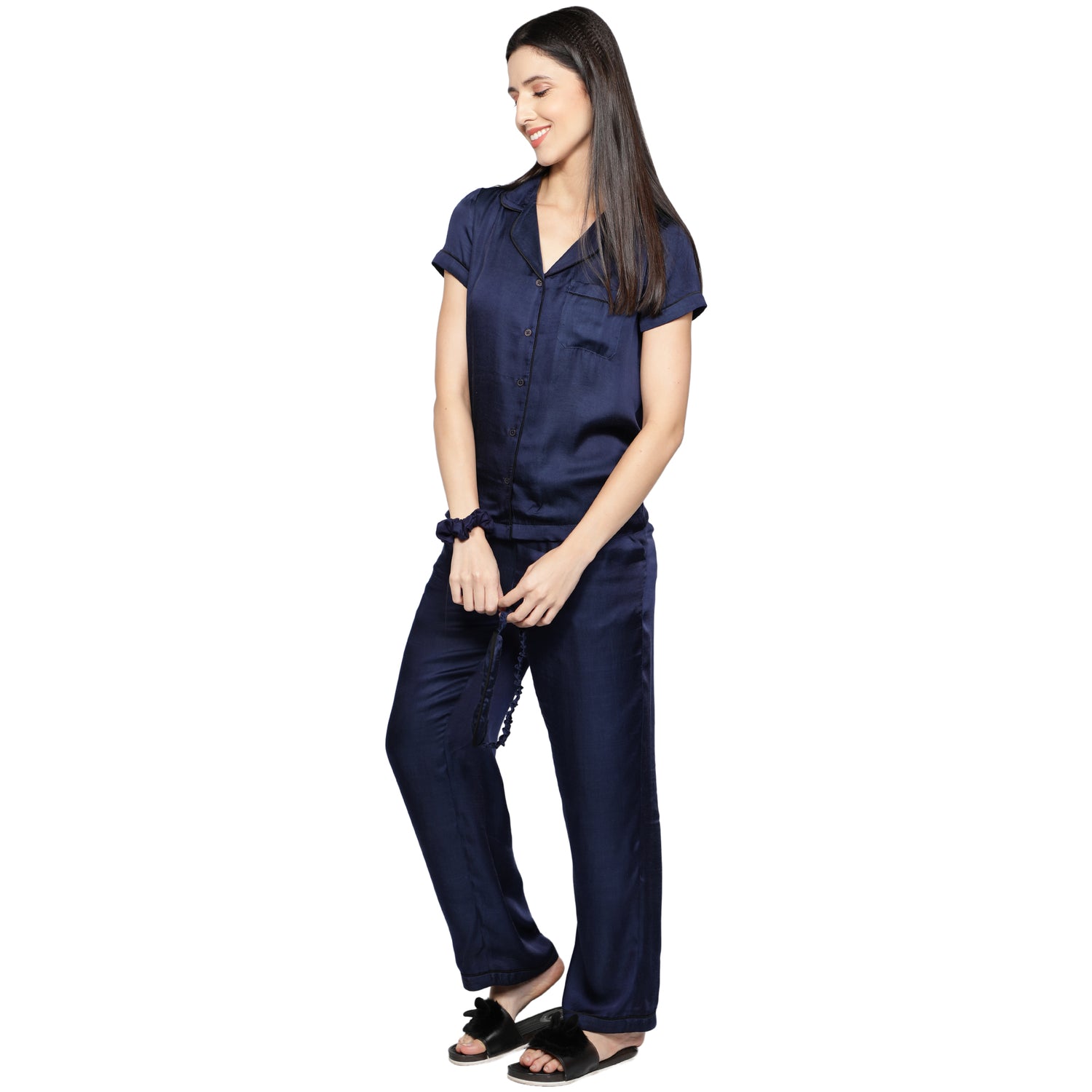 SLAY. Women's Night Blue color Half Sleeve Button Up Shirt & Pajama Coord Set with matching Eye mask & Ruffle-clothing-to-slay.myshopify.com-Nightwear Dress