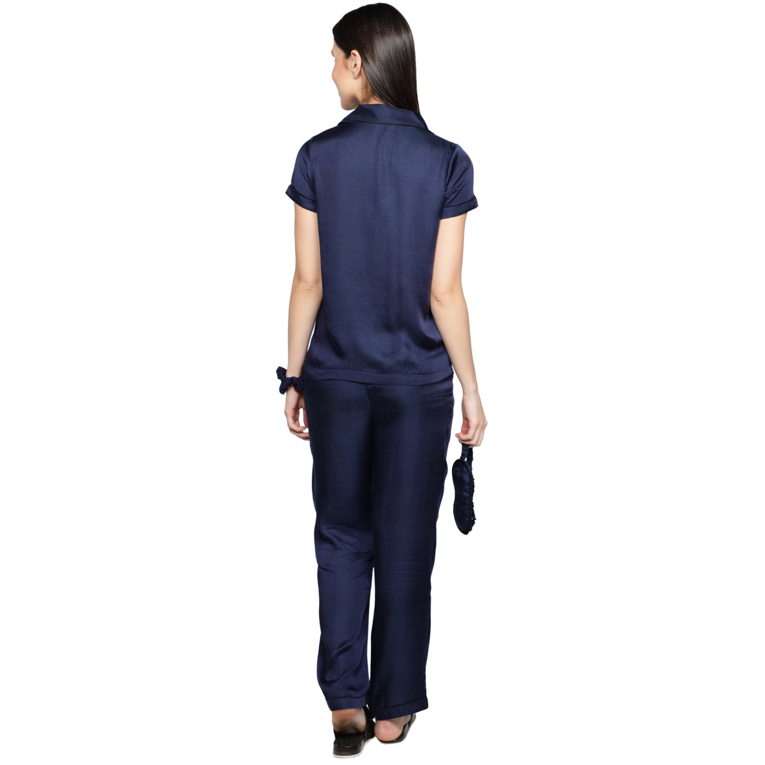 SLAY. Women's Night Blue color Half Sleeve Button Up Shirt & Pajama Coord Set with matching Eye mask & Ruffle-clothing-to-slay.myshopify.com-Nightwear Dress