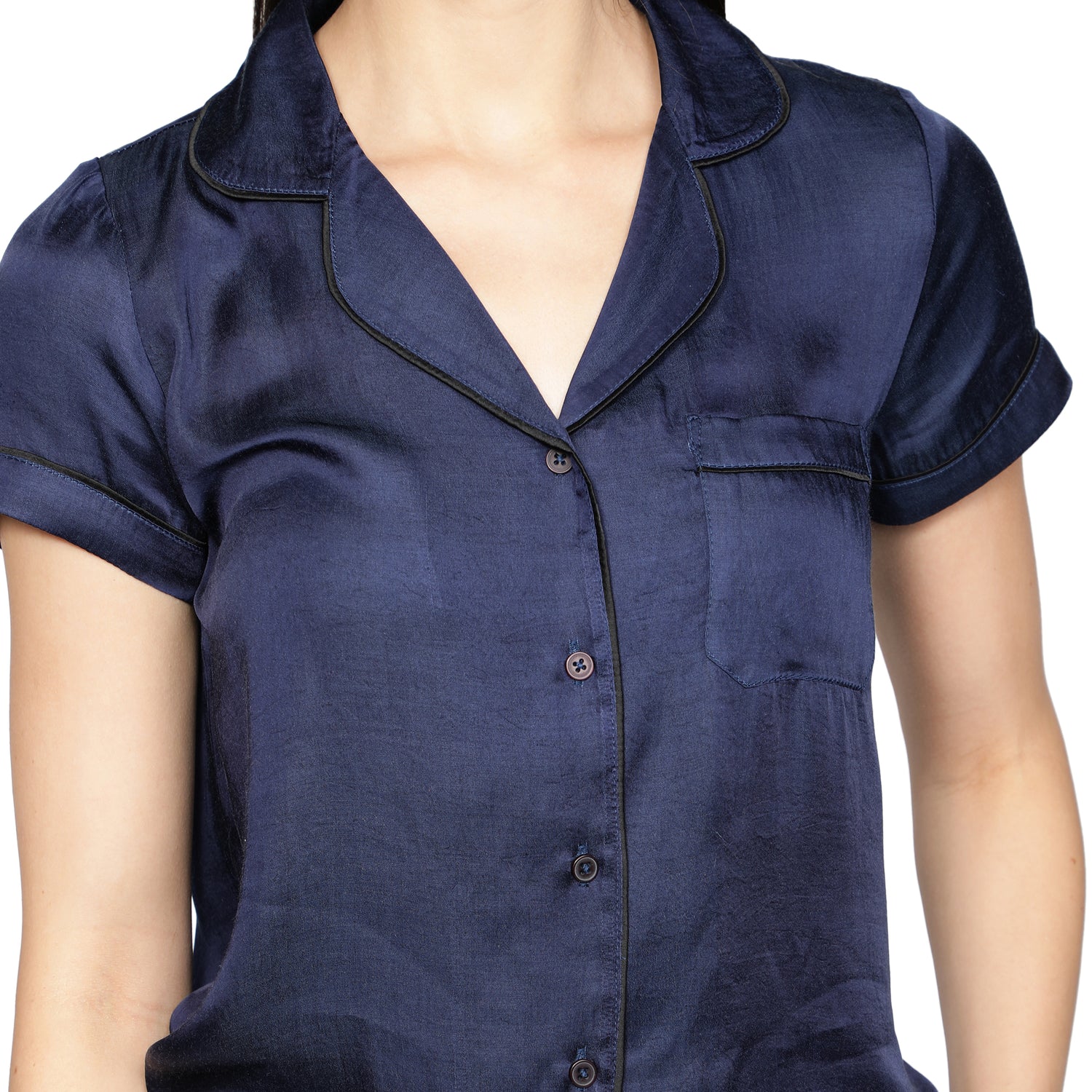 SLAY. Women's Night Blue color Half Sleeve Button Up Shirt & Pajama Coord Set-clothing-to-slay.myshopify.com-Nightwear Dress