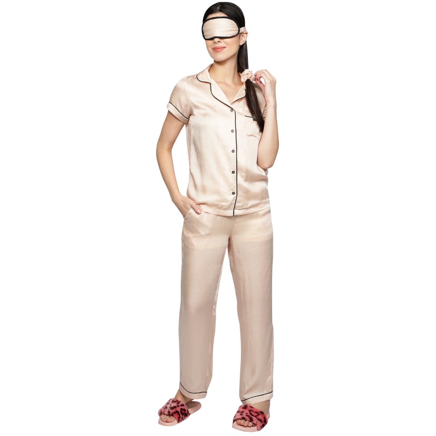 SLAY. Women's Nude color Half Sleeve Button Up Shirt and Pyjama Coord Set with matching Eye mask & Ruffle-clothing-to-slay.myshopify.com-Nightwear Dress