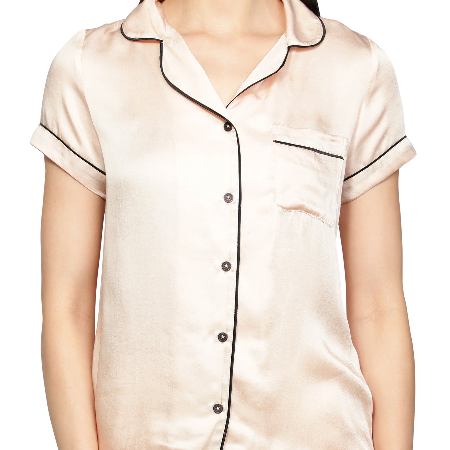 SLAY. Women's Nightwear Nude color Half Sleeve Button Up Shirt