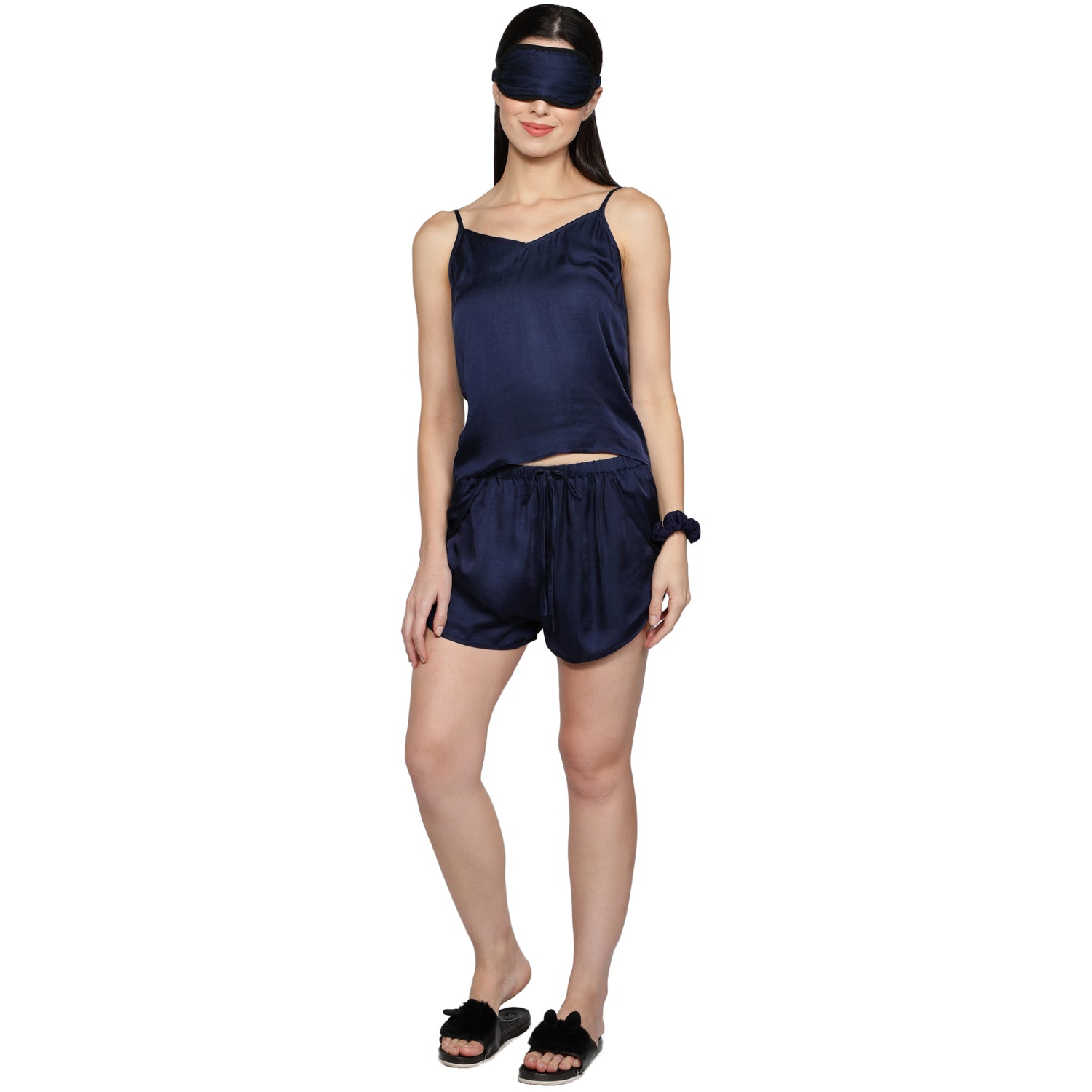 SLAY. Women's Night Blue Color Sleepwear Camisole & Short Coord Set with matching Eye mask & Ruffle-clothing-to-slay.myshopify.com-Nightwear Dress
