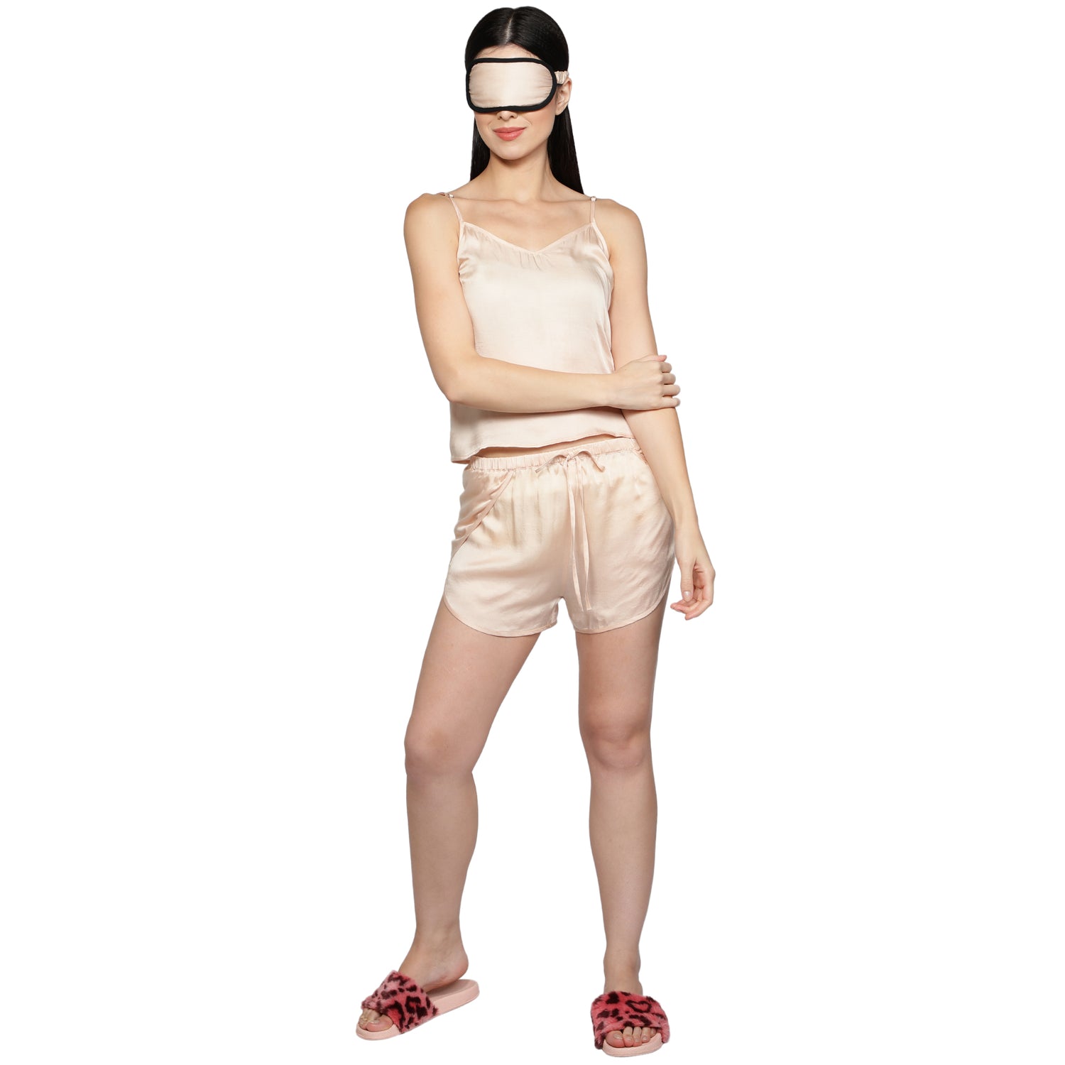 SLAY. Women's Nude Color Camisole & Short Coord Set with matching Eye mask & Ruffle-clothing-to-slay.myshopify.com-Nightwear Dress