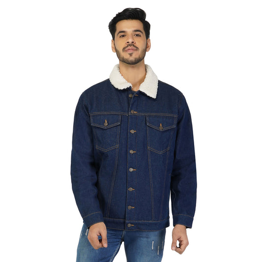 SLAY. Men's Winter wear Full Sleeves Solid Navy Blue Button-Down Denim Jacket with Faux-fur Lining-clothing-to-slay.myshopify.com-Jacket