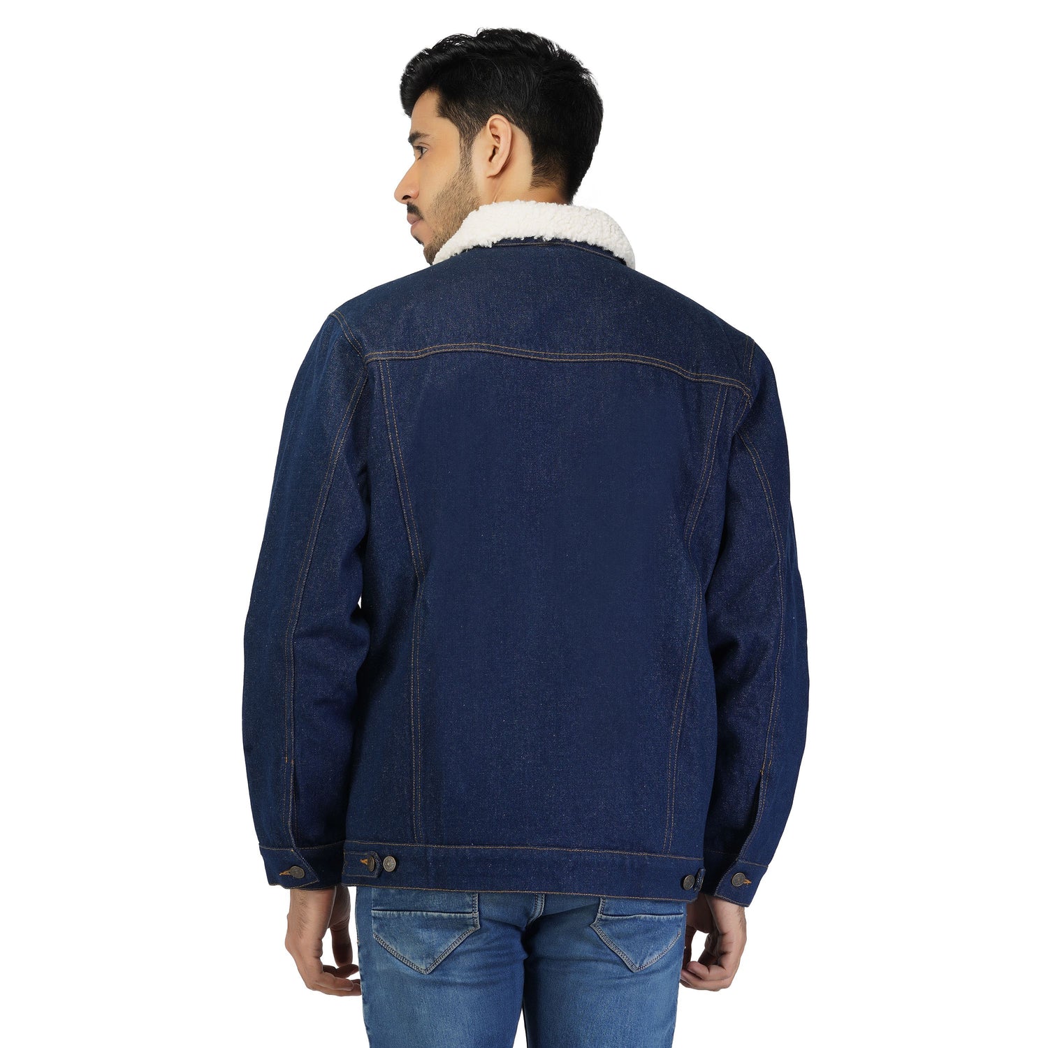 SLAY. Men's Winter wear Full Sleeves Solid Navy Blue Button-Down Denim Jacket with Faux-fur Lining-clothing-to-slay.myshopify.com-Jacket