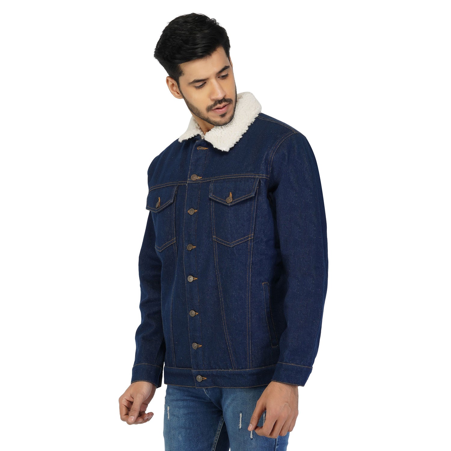 SLAY. Men's Winter wear Full Sleeves Solid Navy Blue Button-Down Denim Jacket with Faux-fur Lining-clothing-to-slay.myshopify.com-Jacket