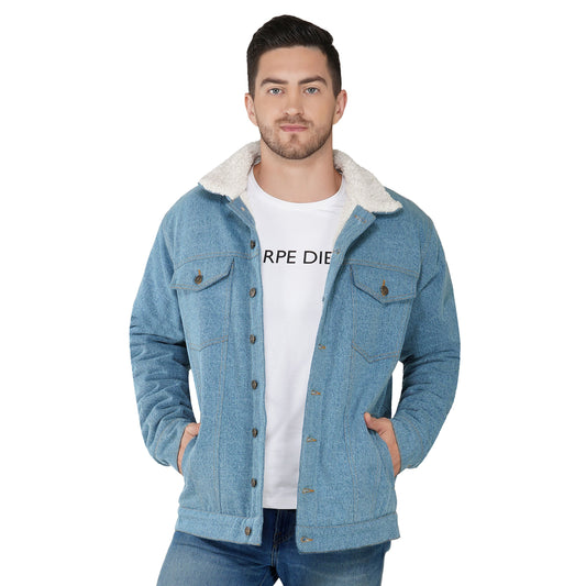 SLAY. Men's Full Sleeves Blue Solid Embroidered Button-Down Washed Light Blue Denim Jacket with Faux-fur Lining-clothing-to-slay.myshopify.com-Jacket