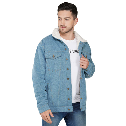 SLAY. Men's Full Sleeves Blue Solid Embroidered Button-Down Washed Light Blue Denim Jacket with Faux-fur Lining-clothing-to-slay.myshopify.com-Jacket