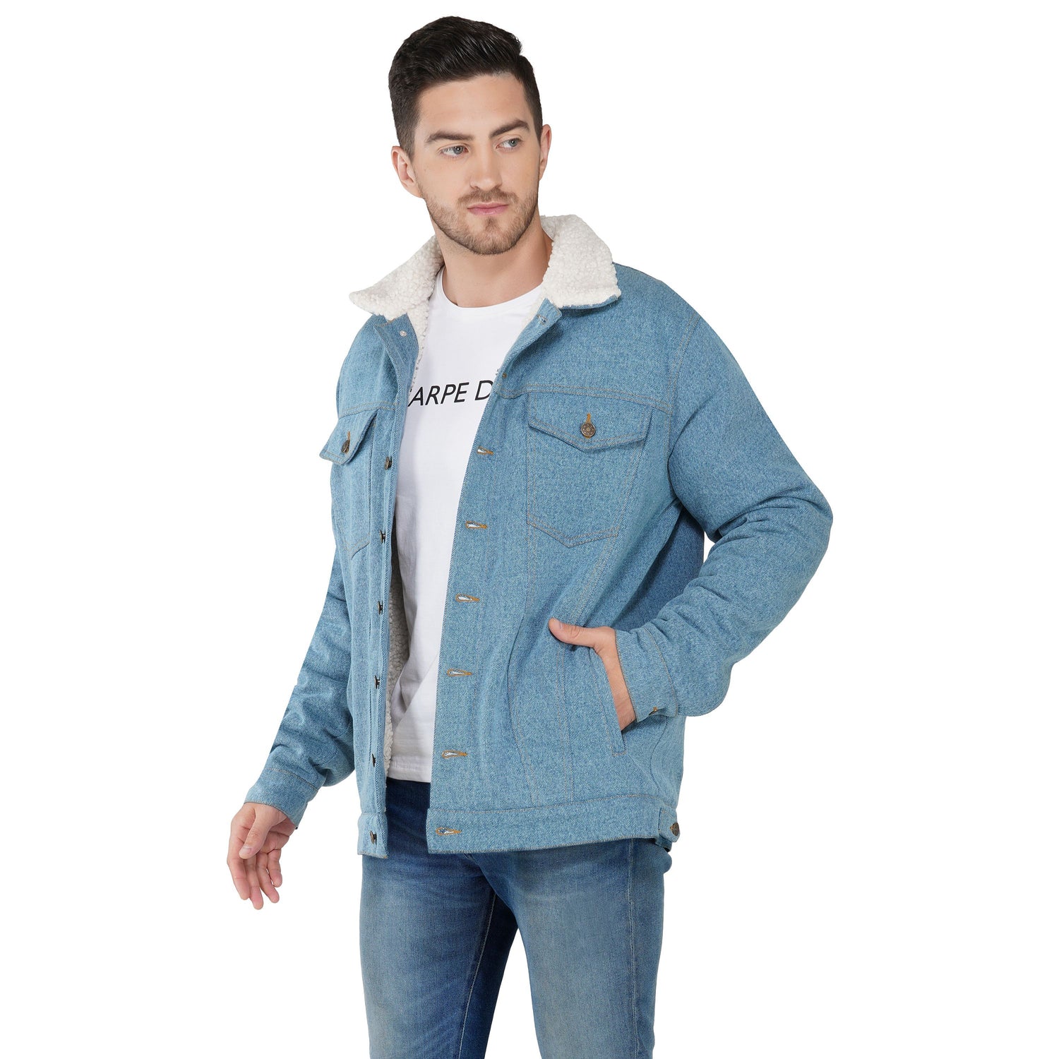 SLAY. Men's Full Sleeves Blue Solid Embroidered Button-Down Washed Light Blue Denim Jacket with Faux-fur Lining-clothing-to-slay.myshopify.com-Jacket