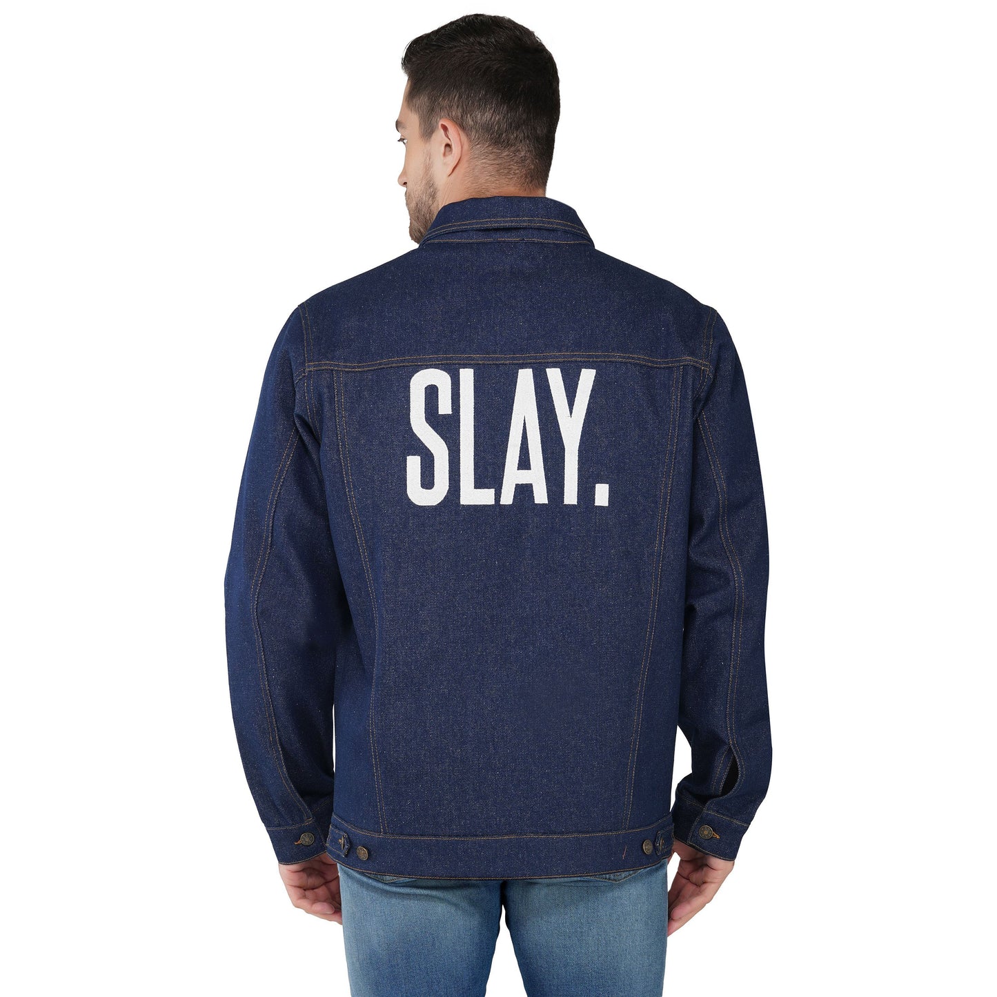 SLAY. Men's Denim Blue Cotton Biker Denim Jacket For Men with SLAY. Embroidered on the back-clothing-to-slay.myshopify.com-Denim Jacket