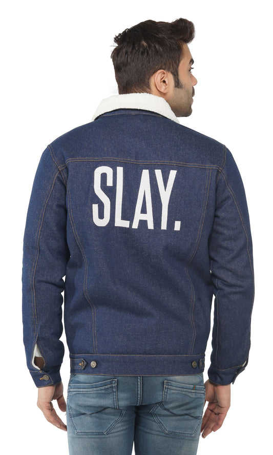 SLAY. Men's Winter Wear Navy Blue Cotton Biker Faux Fur Denim Jacket with SLAY. Embroidered on the back-clothing-to-slay.myshopify.com-Jacket