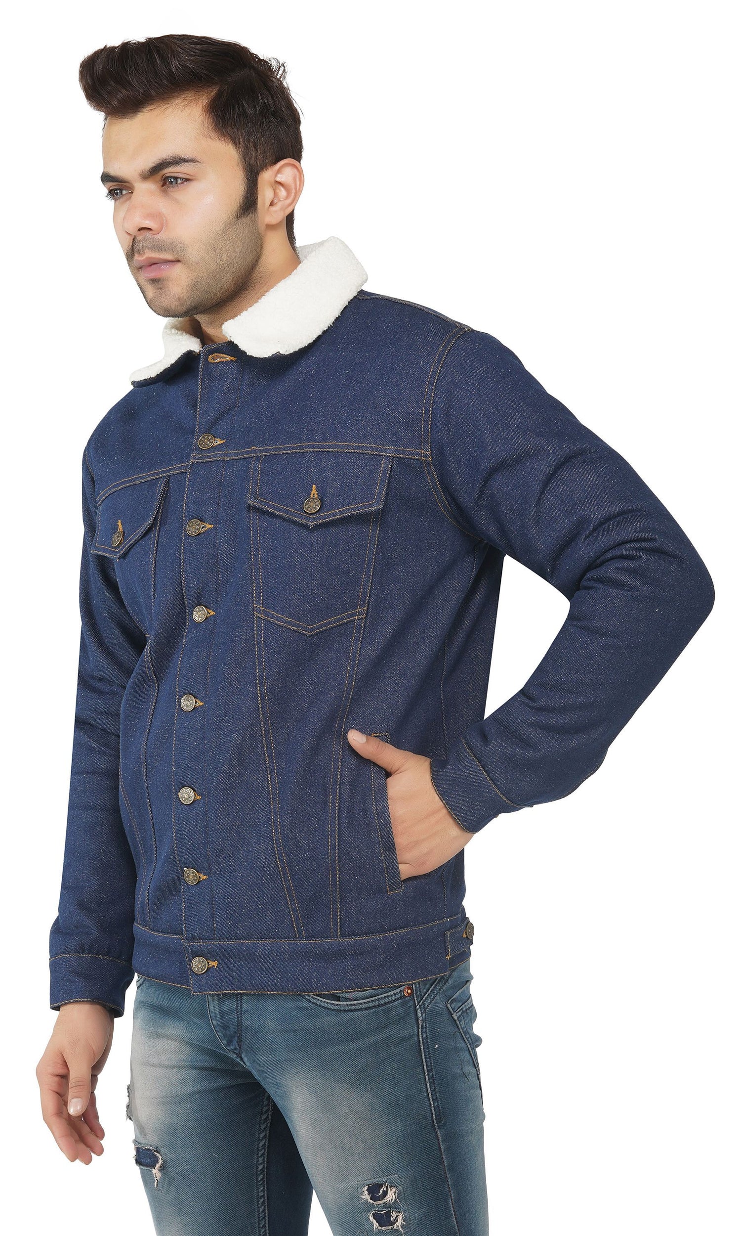 SLAY. Men's Winter Wear Navy Blue Cotton Biker Faux Fur Denim Jacket with SLAY. Embroidered on the back-clothing-to-slay.myshopify.com-Jacket