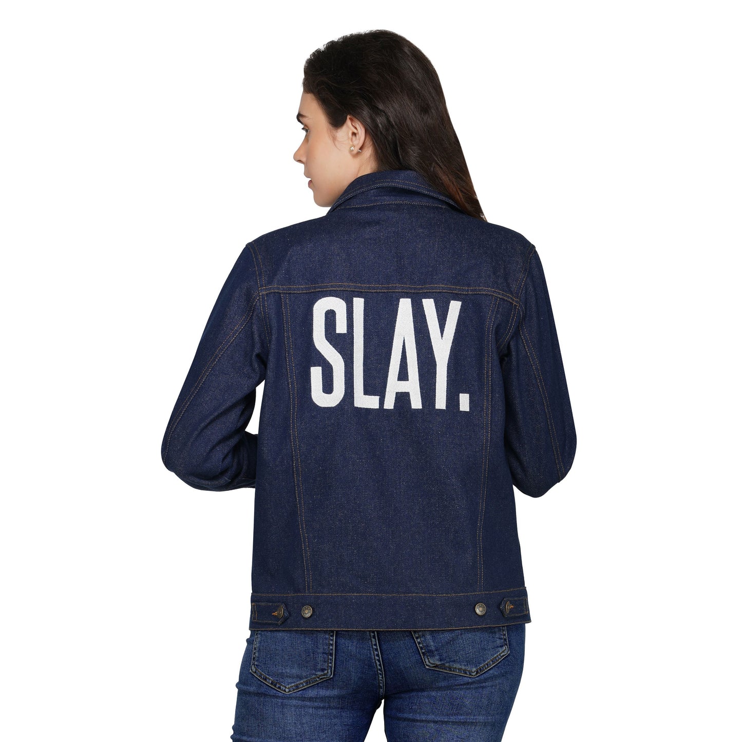 SLAY. Women's Embroidered Navy Blue Denim Jacket-clothing-to-slay.myshopify.com-Denim Jacket