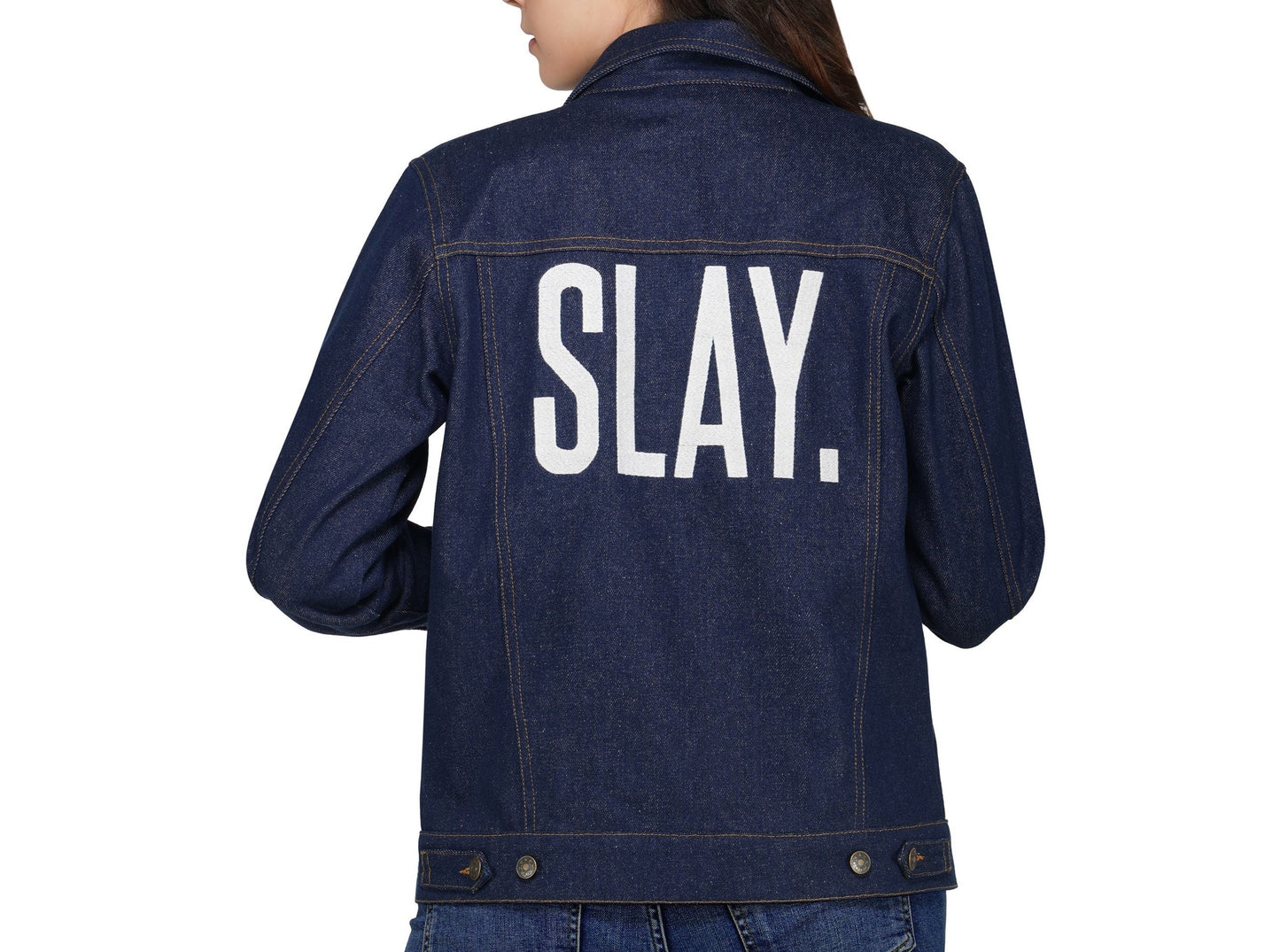 SLAY. Embroidered Women's Denim Navy Blue Jacket with Faux-fur Lining