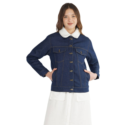 SLAY. Women's Embroidered Denim Navy Blue Jacket with Faux-fur Lining-clothing-to-slay.myshopify.com-Denim Jacket