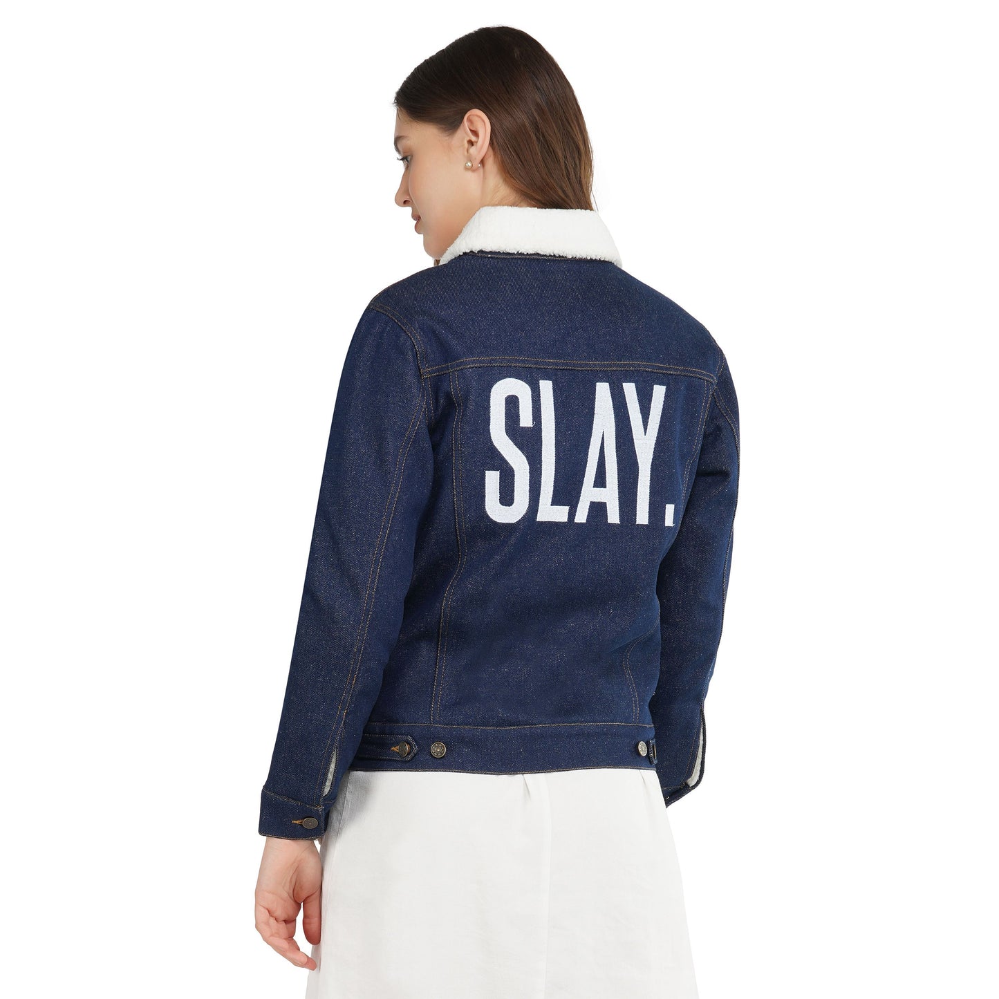 SLAY. Women's Embroidered Denim Navy Blue Jacket with Faux-fur Lining-clothing-to-slay.myshopify.com-Denim Jacket