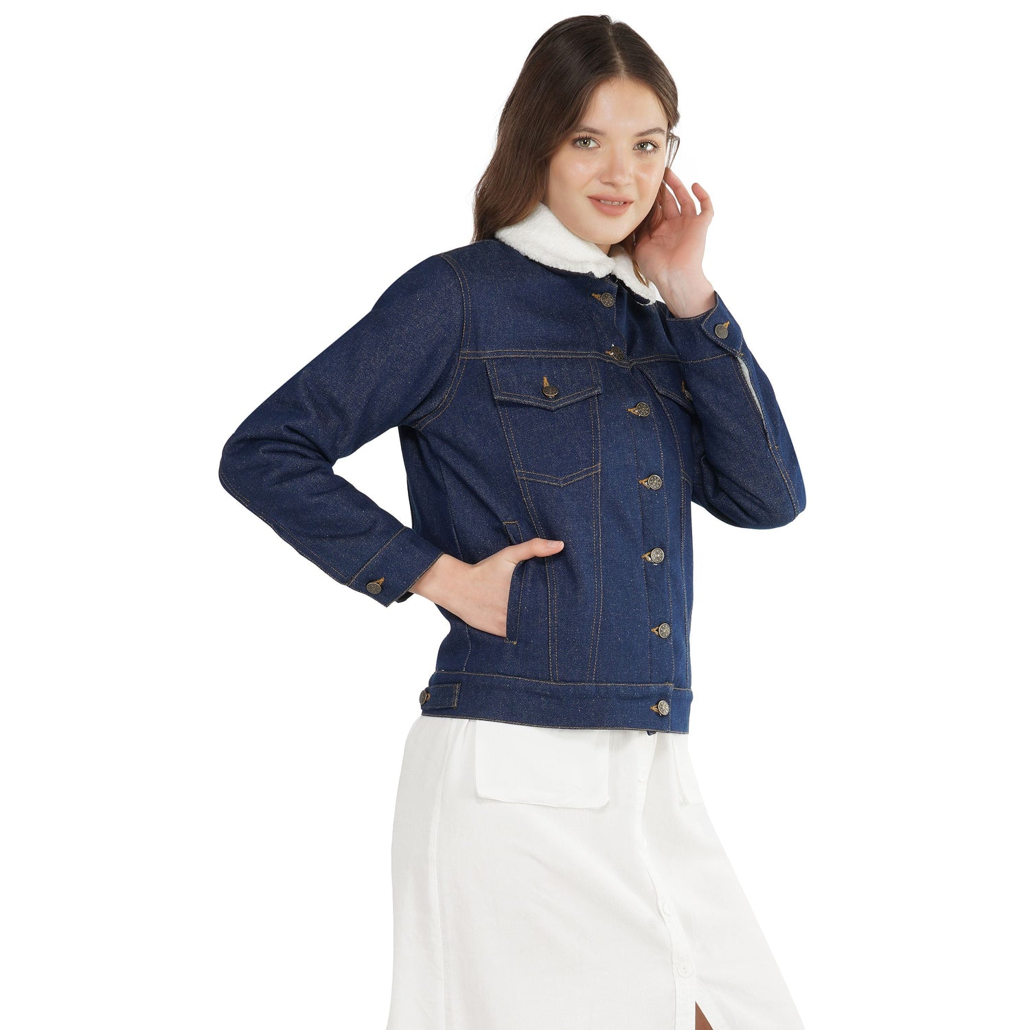 SLAY. Women's Denim Navy Blue Jacket with Faux-fur Lining-clothing-to-slay.myshopify.com-Denim Jacket