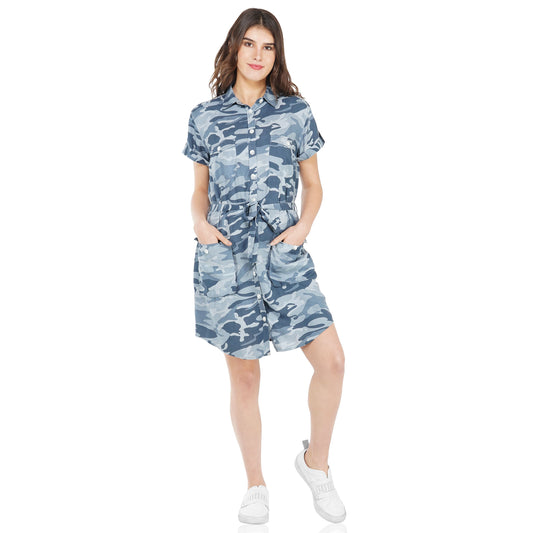 SLAY. Women's Blue Camouflage Print A- Line Short Knee Length Dress-clothing-to-slay.myshopify.com-Dress