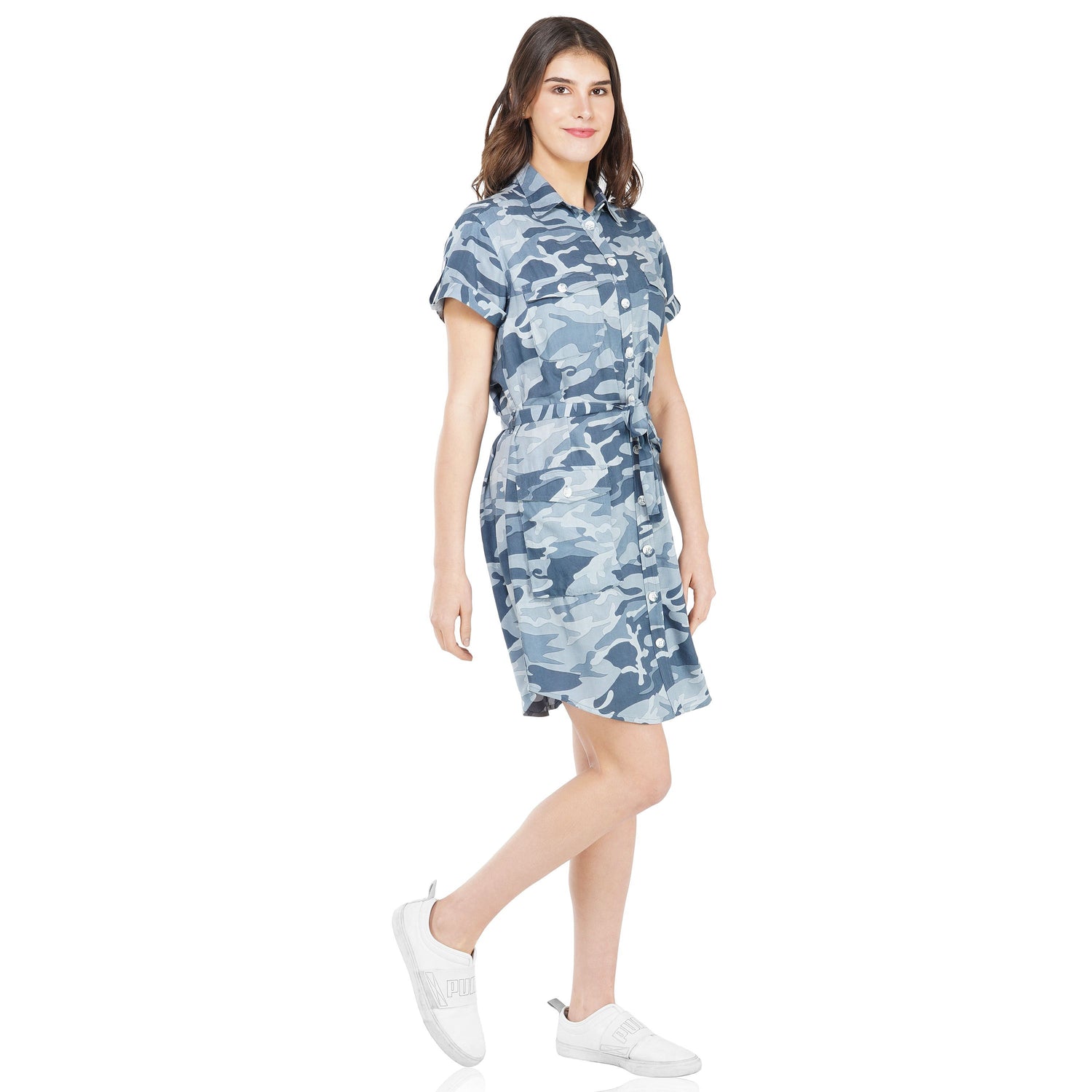 SLAY. Women's Blue Camouflage Print A- Line Short Knee Length Dress-clothing-to-slay.myshopify.com-Dress