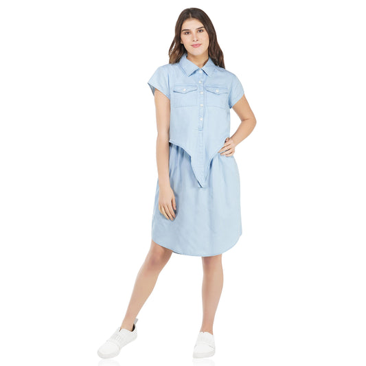 SLAY. Women's Sky Blue Denim Tie-Front Knotted Short A-line Dress-clothing-to-slay.myshopify.com-Dress