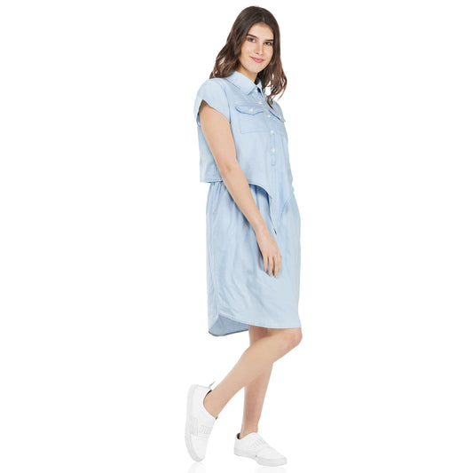 SLAY. Women's Sky Blue Denim Tie-Front Knotted Short A-line Dress-clothing-to-slay.myshopify.com-Dress