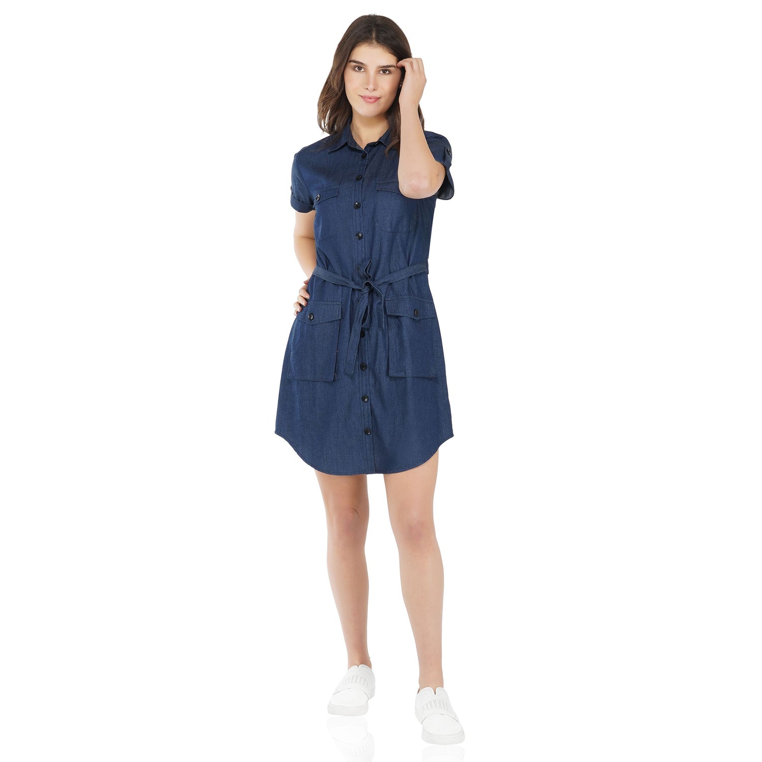 SLAY. Women's Navy Blue Denim A-Line Short Dress with Waist Belt-clothing-to-slay.myshopify.com-Dress
