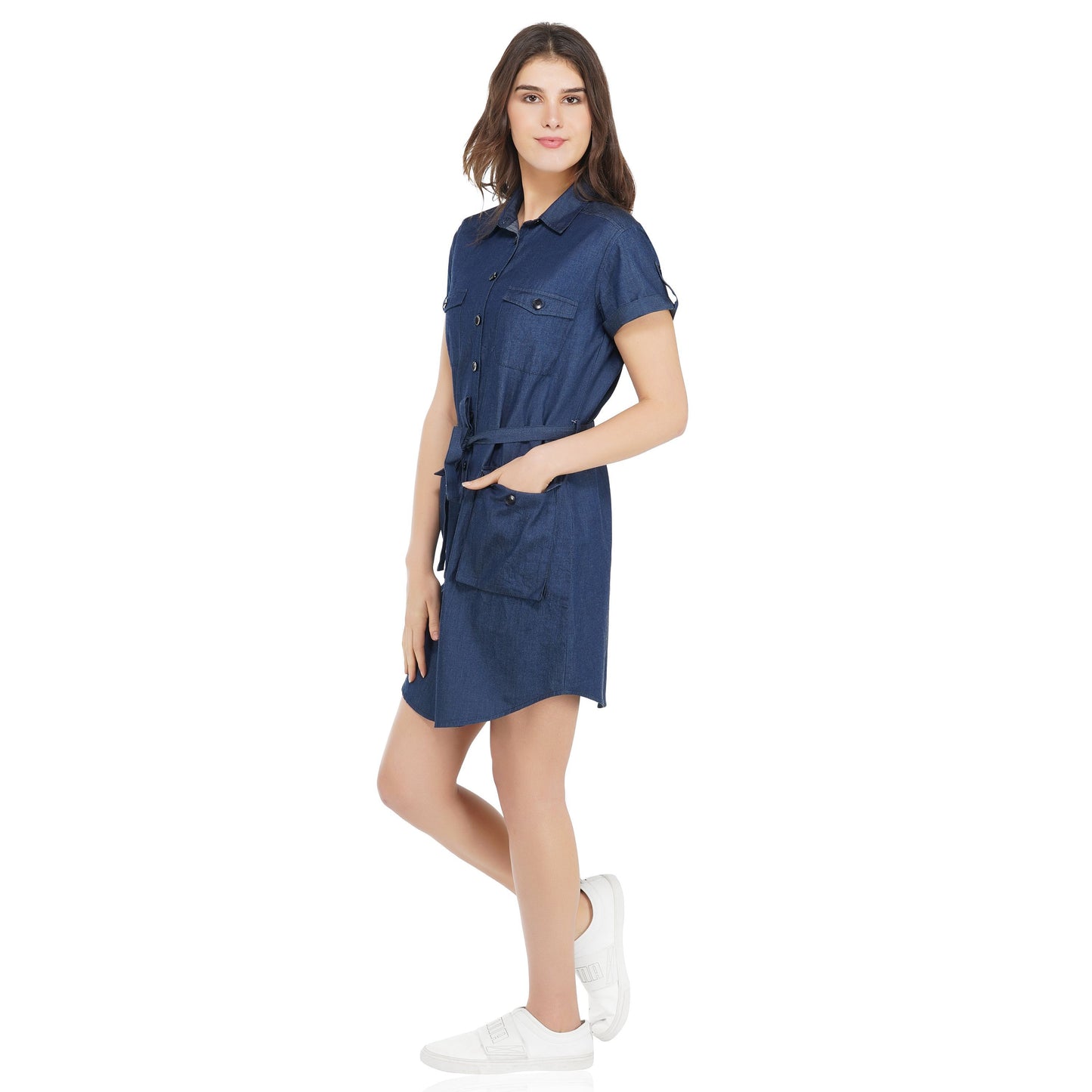 SLAY. Women's Navy Blue Denim A-Line Short Dress with Waist Belt-clothing-to-slay.myshopify.com-Dress