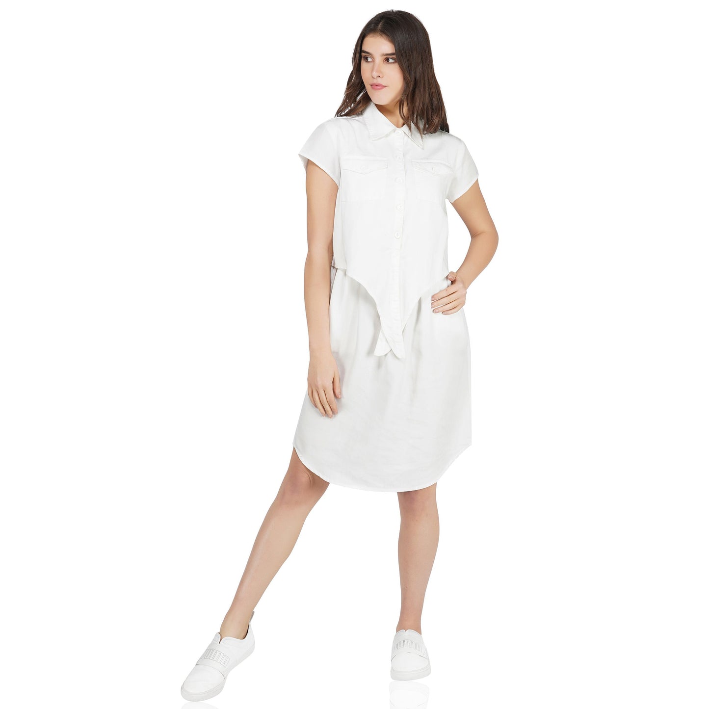 SLAY. Women's Wrinkle Resistant Tie-Front Knotted A-line Short White Dress in Tencel Fabric-clothing-to-slay.myshopify.com-Dress