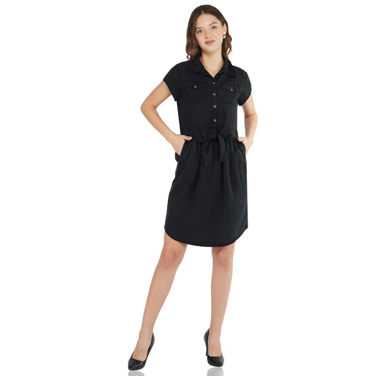 SLAY. Women's Black Wrinkle Resistant Tie Front Knotted A-line Short Dress in Tencel-clothing-to-slay.myshopify.com-Dress