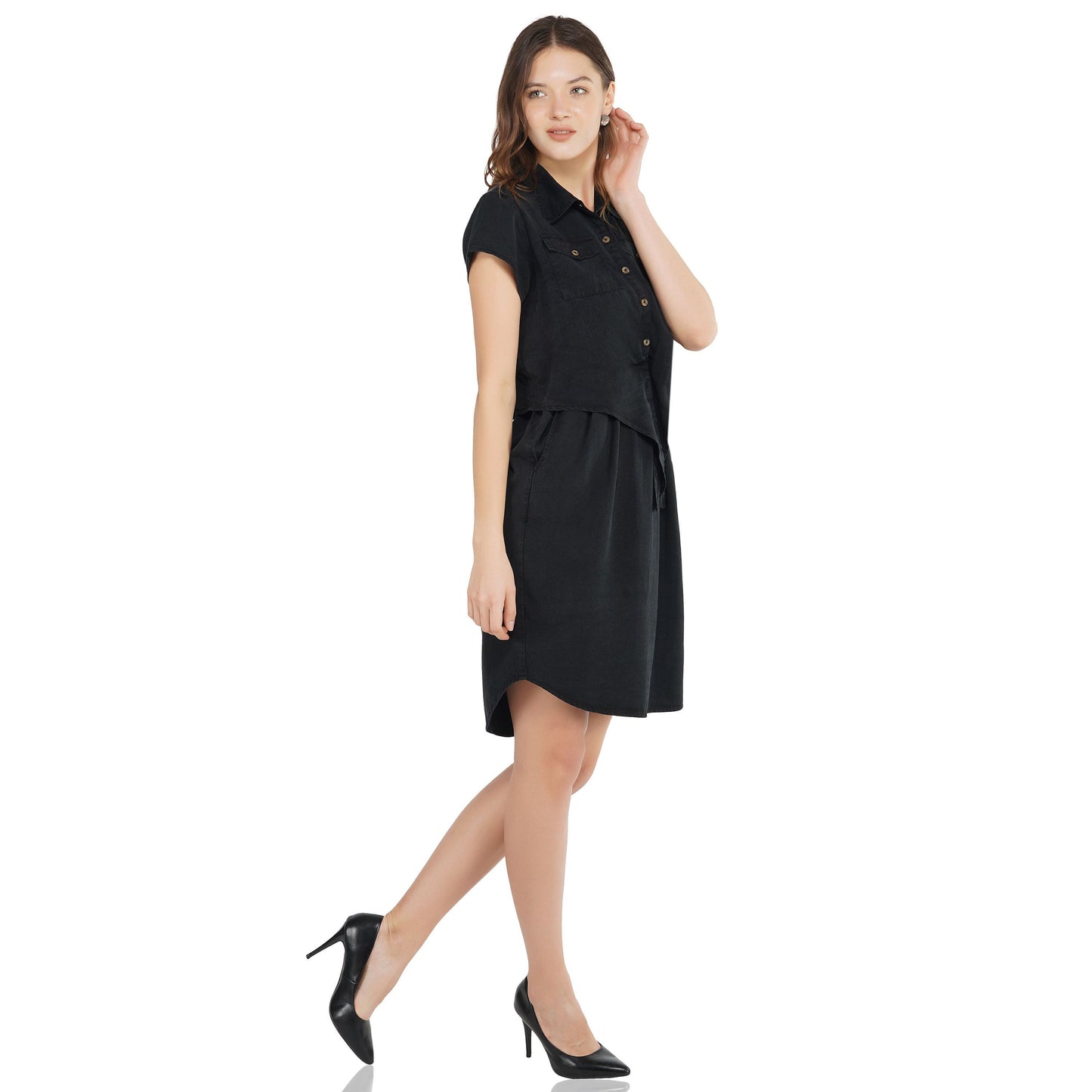 SLAY. Women's Black Wrinkle Resistant Tie Front Knotted A-line Short Dress in Tencel-clothing-to-slay.myshopify.com-Dress