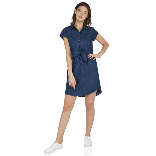SLAY. Women's Navy Blue Tie-Front Knotted Denim Short Dress-clothing-to-slay.myshopify.com-Dress