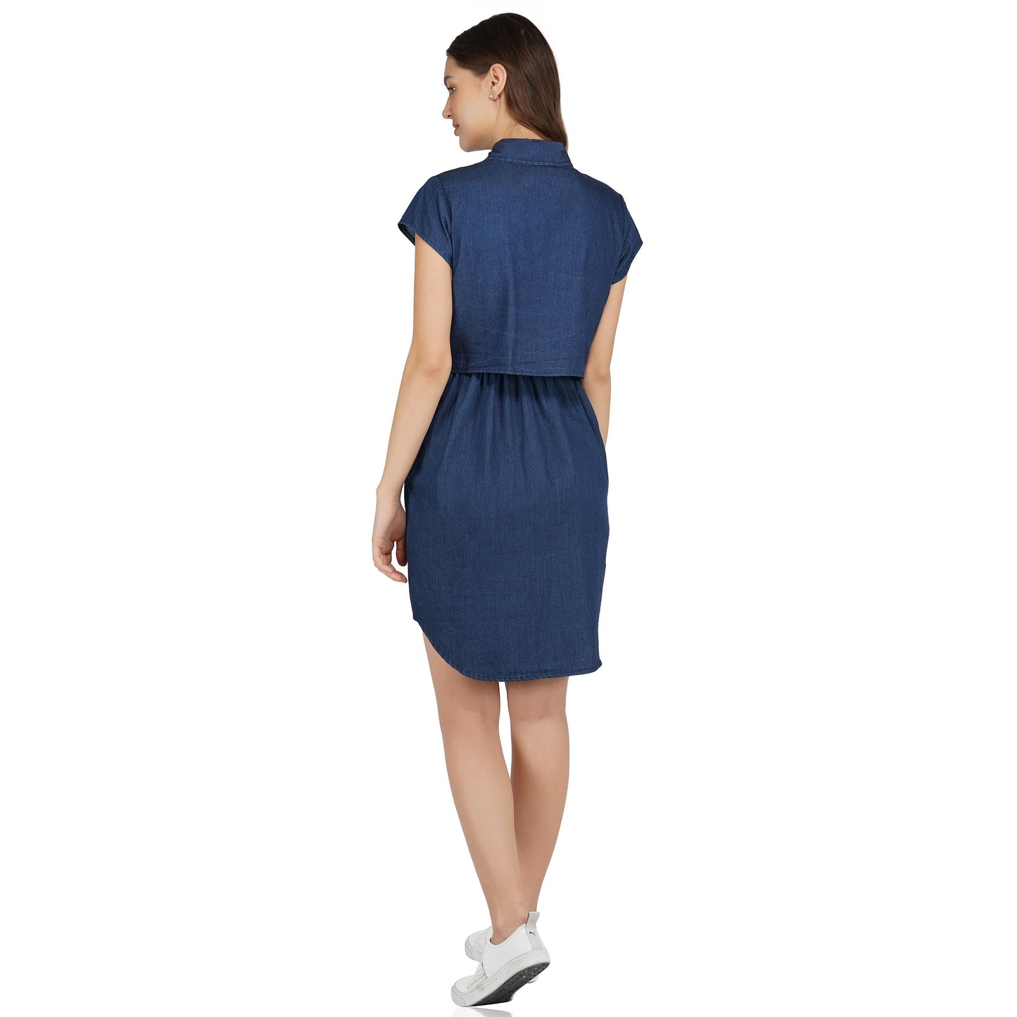 SLAY. Women's Navy Blue Tie-Front Knotted Denim Short Dress-clothing-to-slay.myshopify.com-Dress