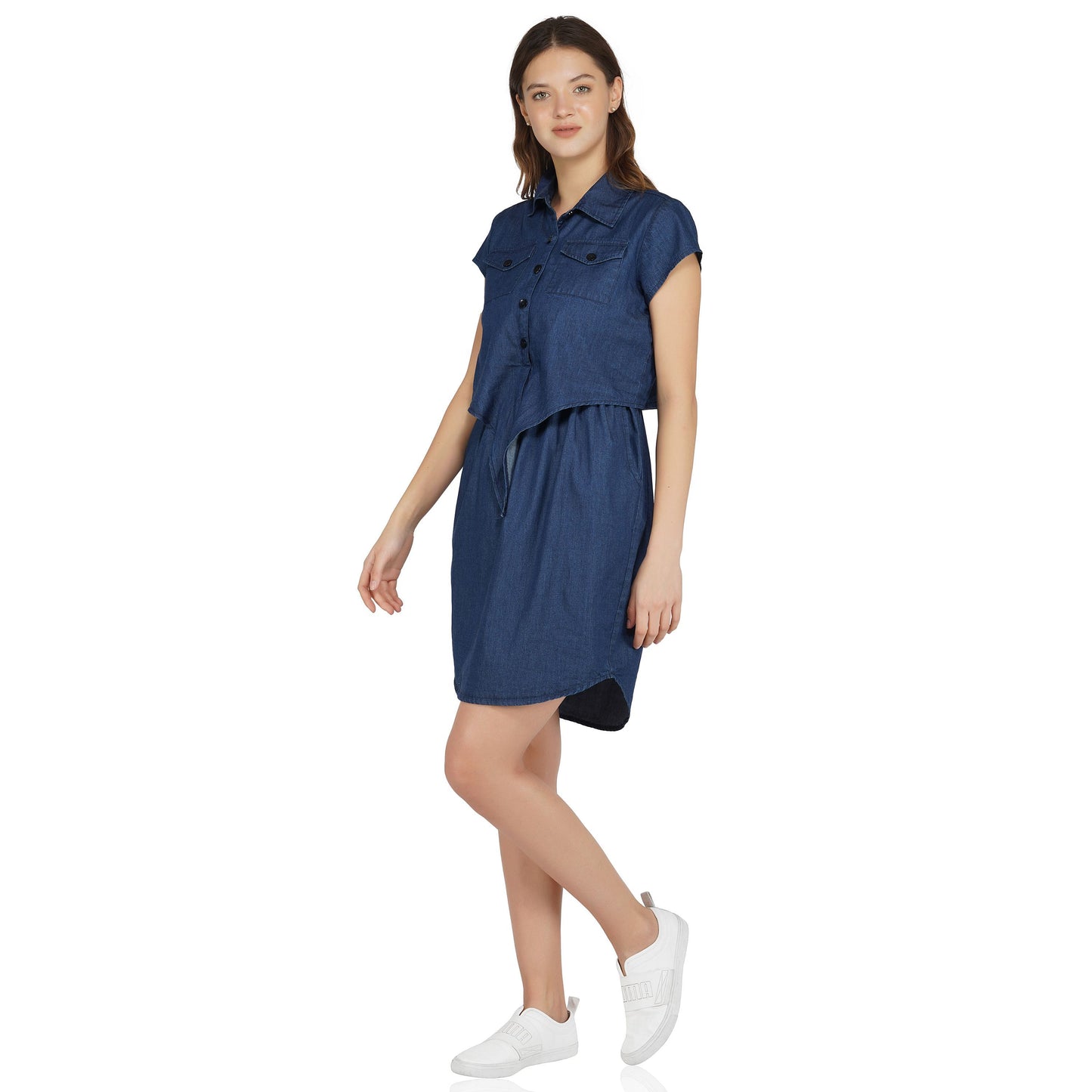 SLAY. Women's Navy Blue Tie-Front Knotted Denim Short Dress-clothing-to-slay.myshopify.com-Dress