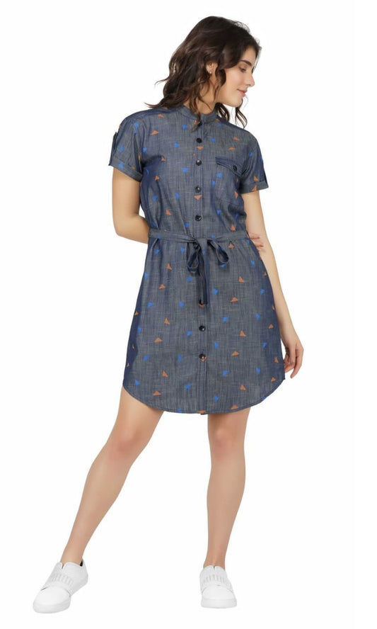 SLAY. Women's Printed Denim Short A-Line Dress With Waist Belt-clothing-to-slay.myshopify.com-Dress