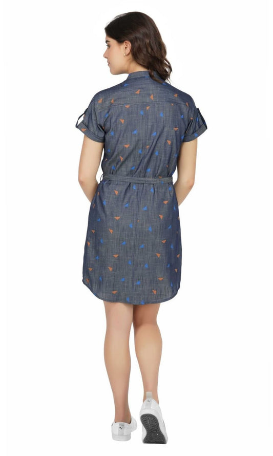 SLAY. Women's Printed Denim Short A-Line Dress With Waist Belt-clothing-to-slay.myshopify.com-Dress