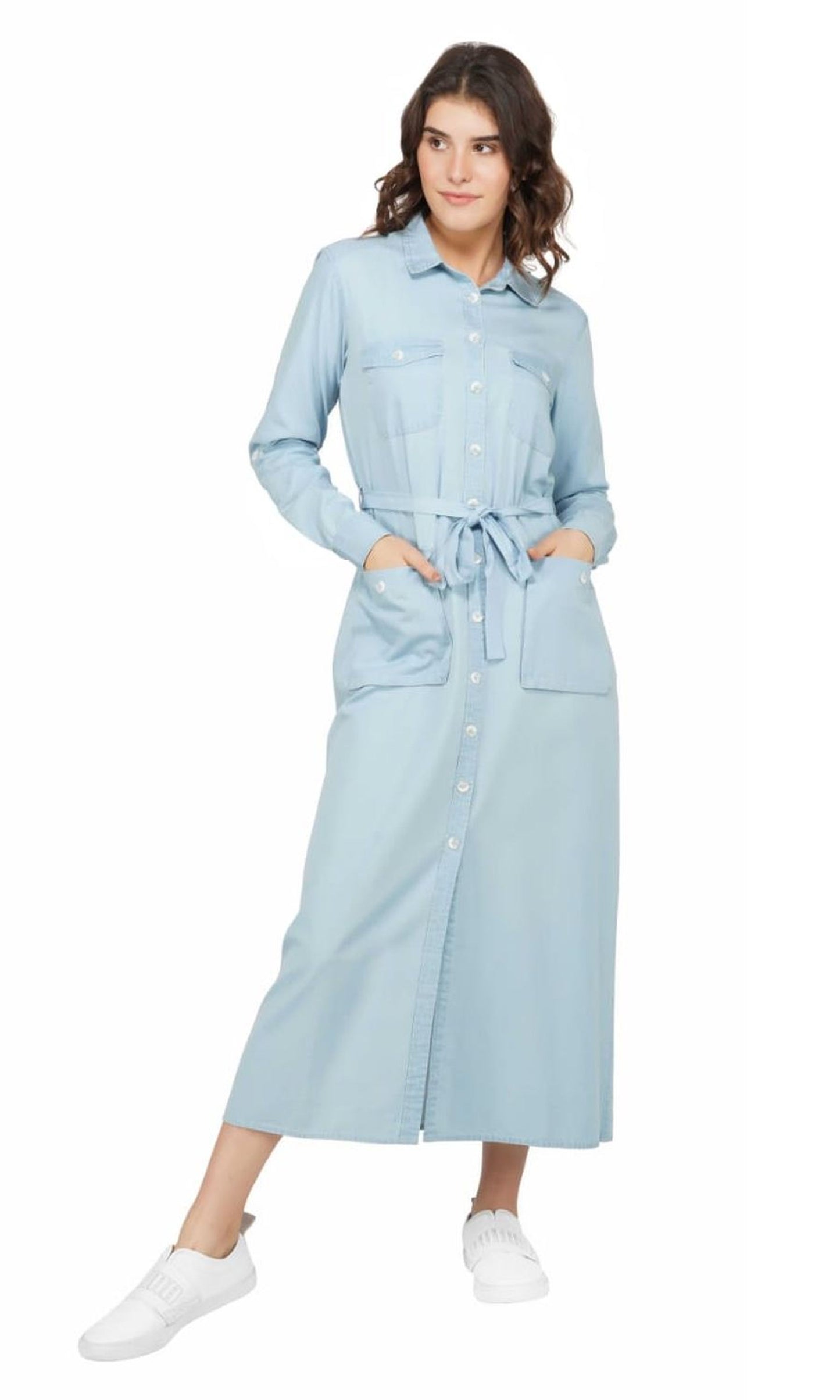 SLAY. Women's Light Blue Denim A- Line Long Dress-clothing-to-slay.myshopify.com-Dress