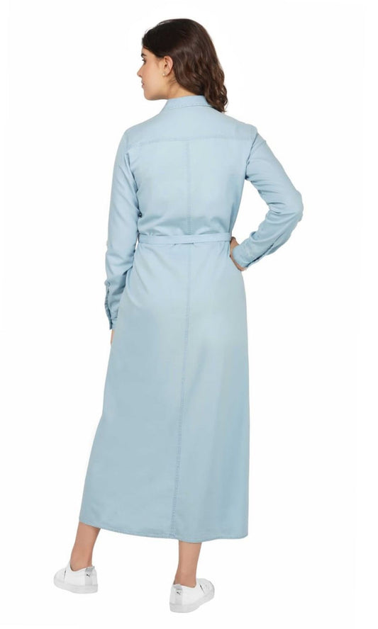 SLAY. Women's Light Blue Denim A- Line Long Dress-clothing-to-slay.myshopify.com-Dress