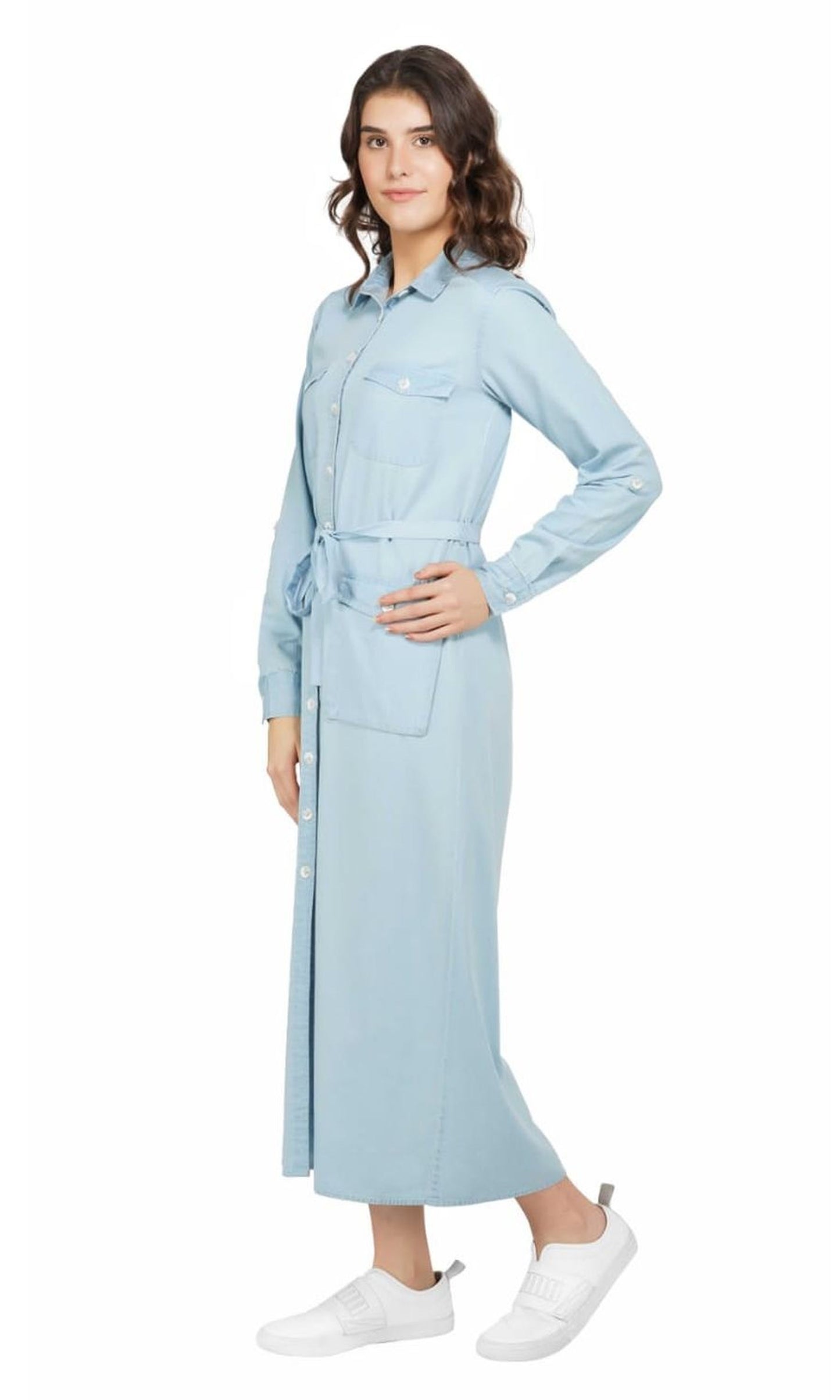 SLAY. Women's Light Blue Denim A- Line Long Dress-clothing-to-slay.myshopify.com-Dress