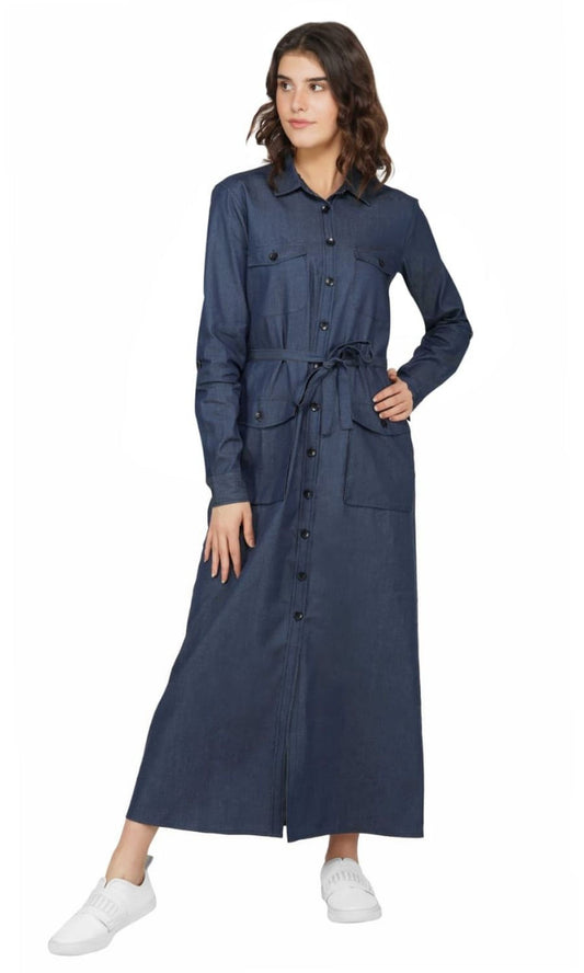 SLAY. Women's Denim Navy Blue A-Line Long Dress-clothing-to-slay.myshopify.com-Dress