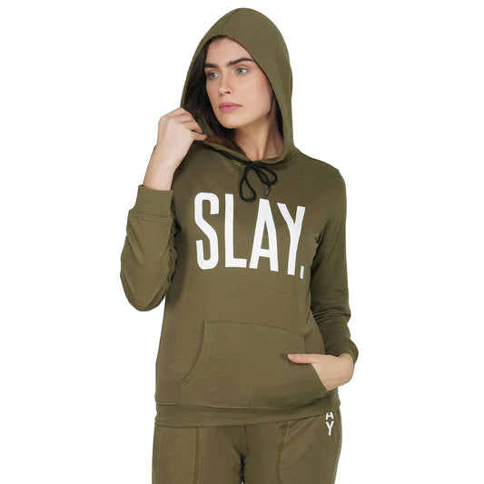 SLAY. Classic Women's Olive Green Printed Hoodie with Kangaroo Pockets-clothing-to-slay.myshopify.com-Hoodie