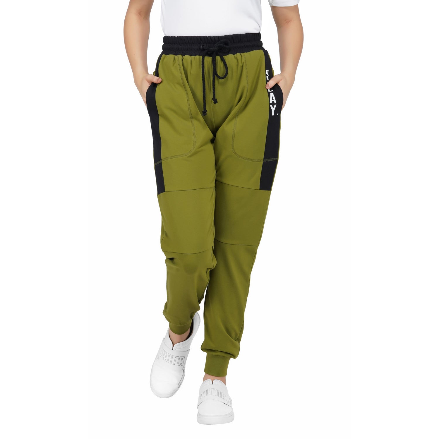 SLAY. Women's Light Green Jogger Pants With Black Stripes-clothing-to-slay.myshopify.com-Joggers