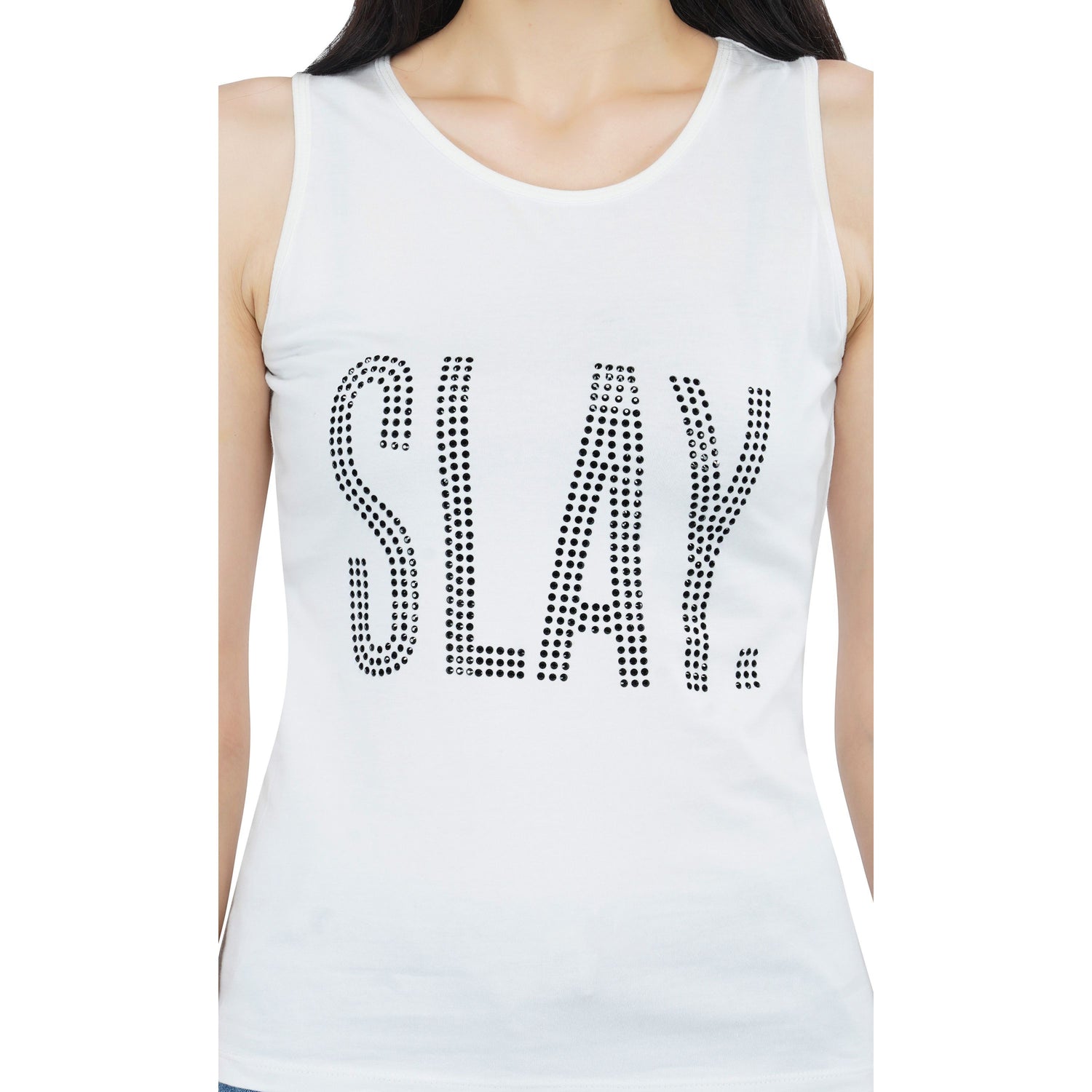 SLAY. Women's Black Crystal Embellished White Tank Top-clothing-to-slay.myshopify.com-Top