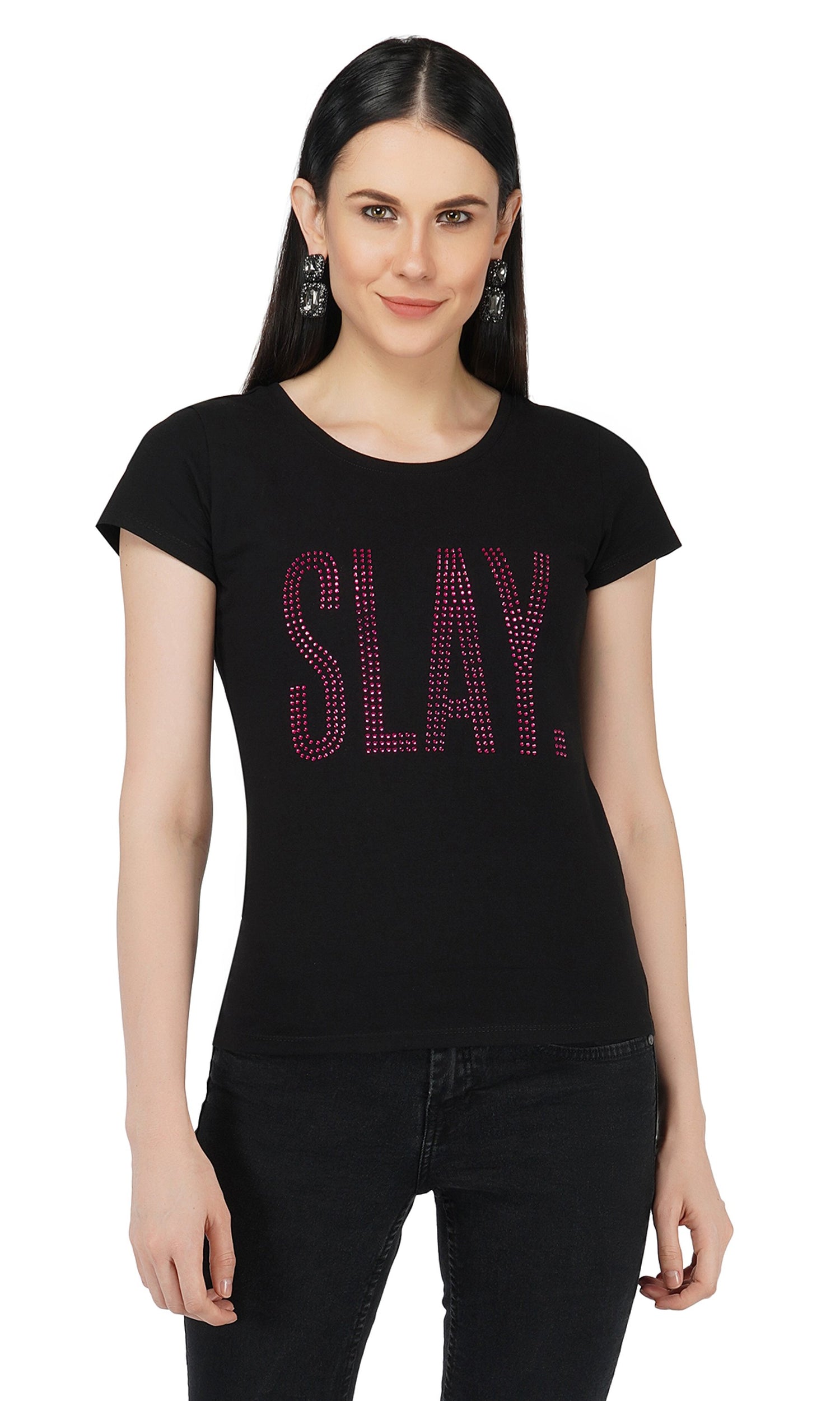 SLAY. Women's Pink Crystal Embellished SlimFit Black T-shirt-clothing-to-slay.myshopify.com-T-shirt